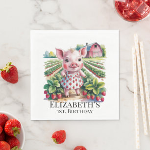 Sweet Strawberry Farm Pig Girl 1st. Birthday Party Napkin