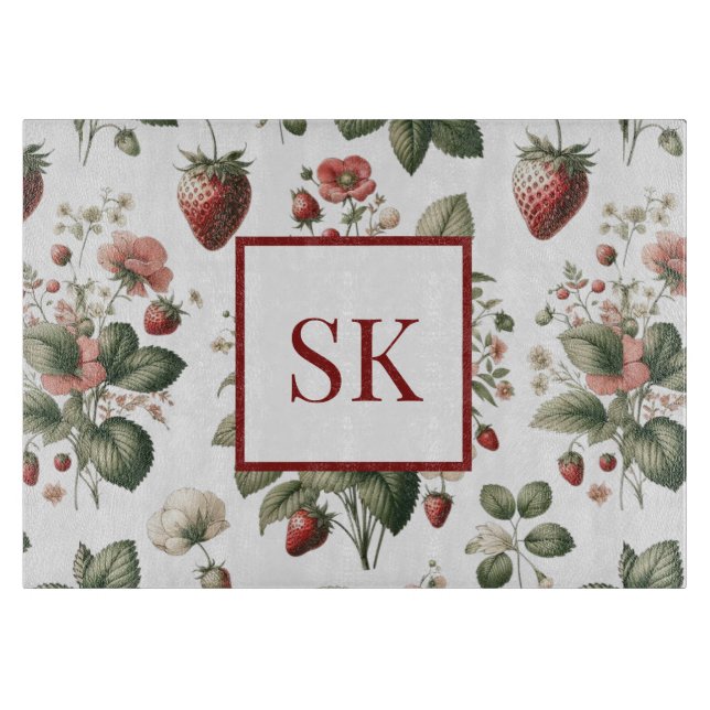 Sweet Strawberry & Floral Pattern Custom Monogram Cutting Board (Front)