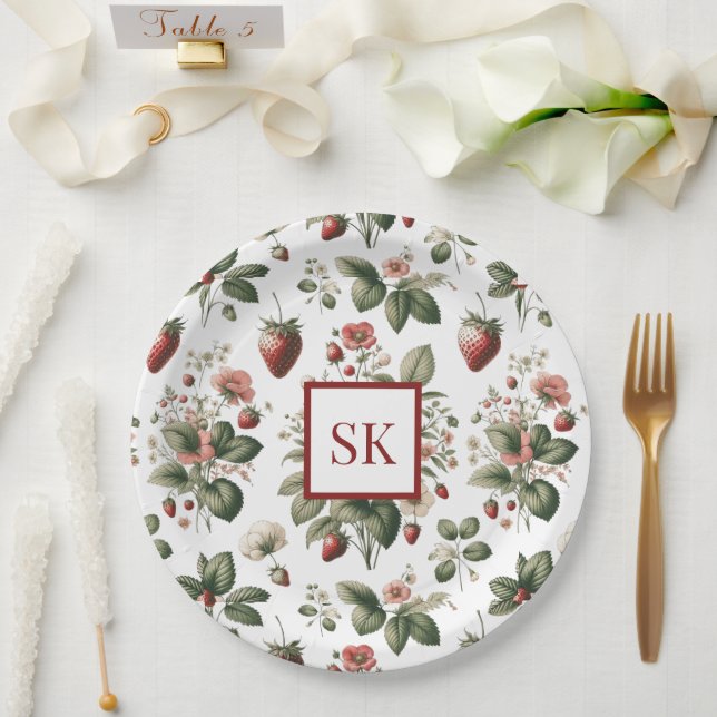 Sweet Strawberry & Floral Pattern Custom Monogram Paper Plate (Wedding)