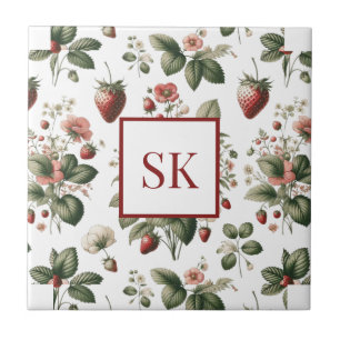 Sweet Strawberry & Floral Pattern Custom Monogram Tile