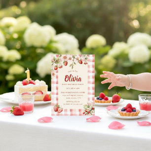 Sweet Strawberry Gingham Floral First Birthday Invitation