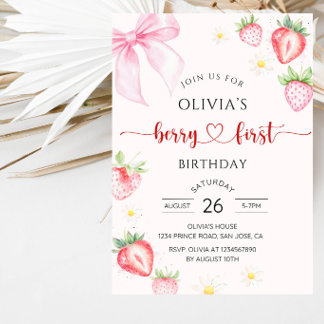 Sweet Strawberry Girl 1st Birthday Party Invitation