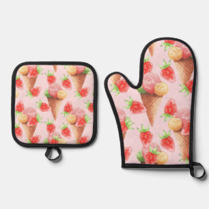 Sweet Strawberry Ice Cream Watercolor  Apro Oven Mitt & Pot Holder Set
