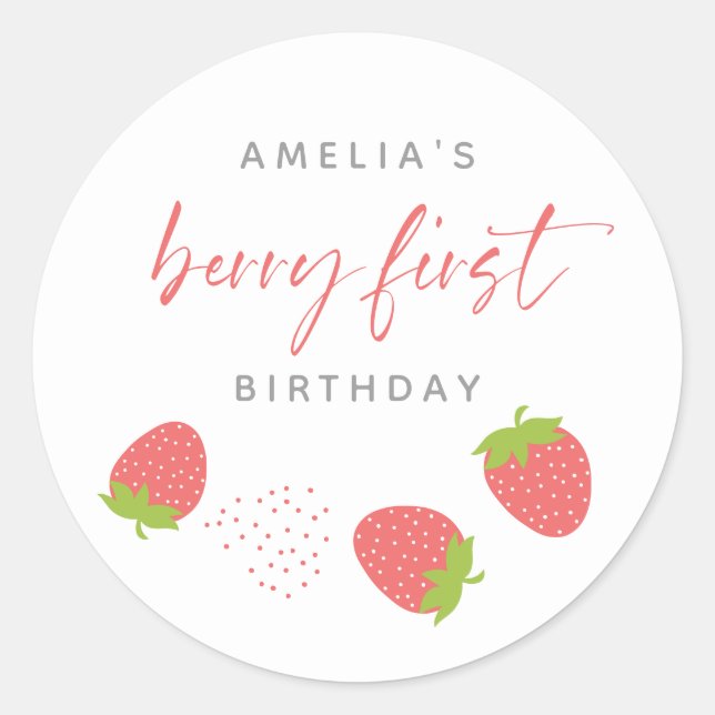 Sweet Strawberry Script Berry First Birthday Classic Round Sticker (Front)