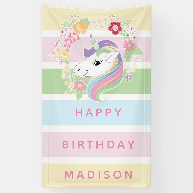 Sweet Stripes Unicorn Floral Birthday Banner (Vertical)