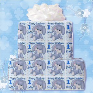Sweet Stuffed Bunny Boys 1st Birthday Name Age Wrapping Paper
