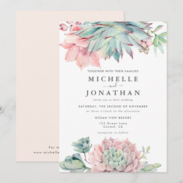 Sweet Succulent Pink Green Wedding  Invitation (Front/Back)