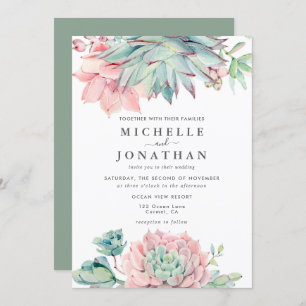 Sweet Succulent Pink Green Wedding  Invitation
