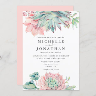 Sweet Succulent Pink Green Wedding  Invitation