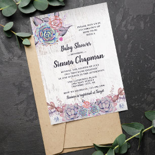 Sweet Succulents Rustic Watercolor Baby Shower Invitation