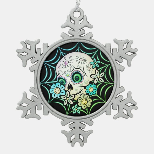 Sweet Sugar Skull Snowflake Pewter Christmas Ornament (Front)
