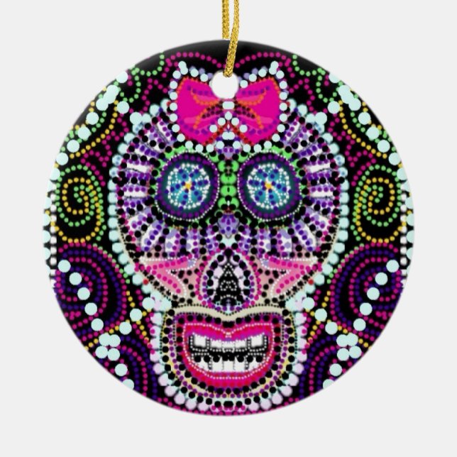 Sweet Sugar Skull With Pink Bow Ceramic Ornament (Front)