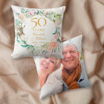 Sweet Summer Roses Garland 50th Anniversary Photo Throw Pillow<br><div class="desc">Featuring a delicate watercolour floral garland,  this chic botanical 50th wedding anniversary keepsake pillow can be personalized with your special anniversary information in elegant gold text and your photo on the reverse. Designed by Thisisnotme©</div>