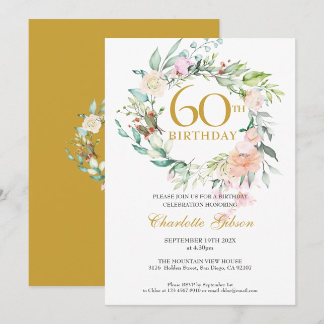 Sweet Summer Roses Garland Monogram 60th Birthday Invitation (Front/Back)