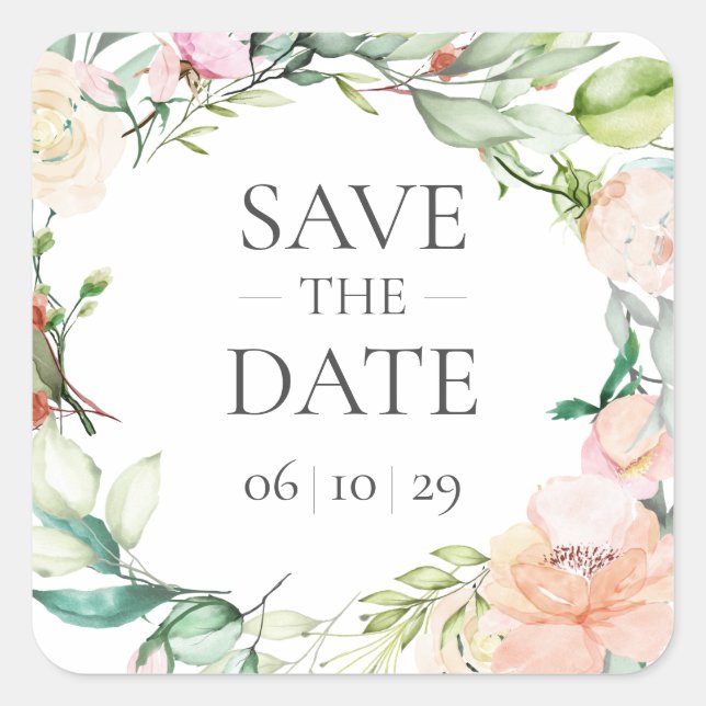 Sweet Summer Roses Garland Save the Date Square Sticker (Front)