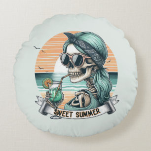 Sweet Summer Skeleton Retro Sunset Design Round Pillow