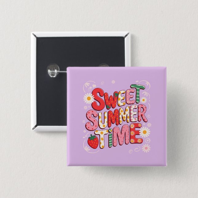 Sweet Summer Time Coquette Strawberry Retro Beach  2 Inch Square Button (Front & Back)
