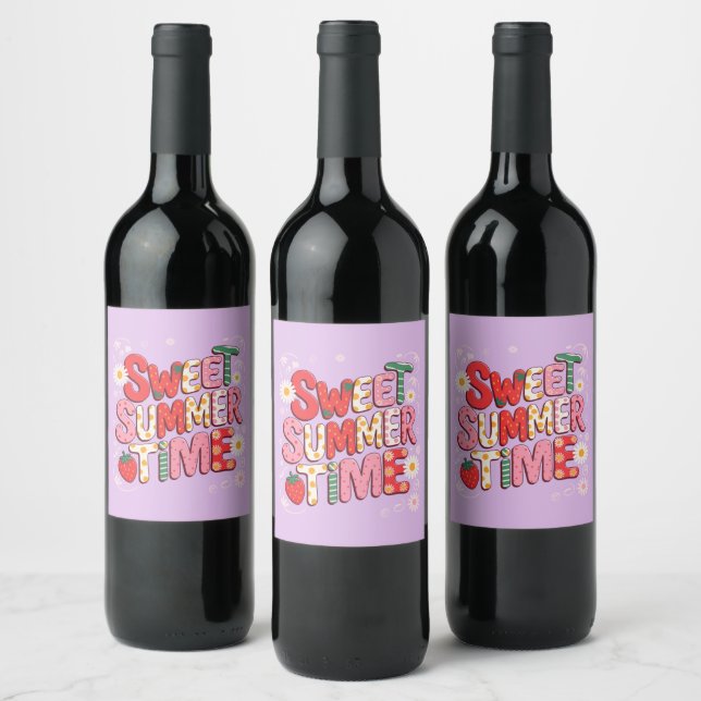 Sweet Summer Time Coquette Strawberry Retro Beach  Wine Label (Bottles)