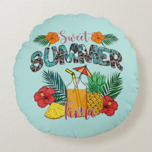 Sweet Summer Time   Tropical Fruits & Floral Round Pillow