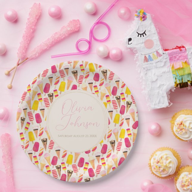 Sweet Summer Watercolor Ice Cream Paper Plate (Party)