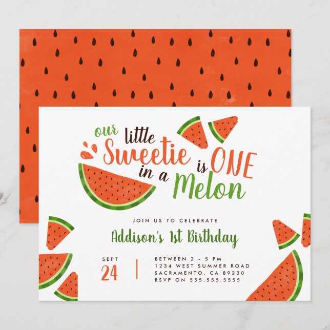 Sweet Summer Watermelon One In A Melon Birthday Invitation (Front/Back)