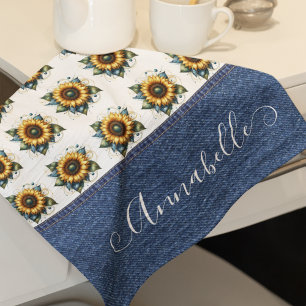 Sweet Sunflowers and Faux Denim Fancy Monogram Kitchen Towel