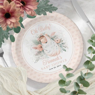 Sweet Swaddled Oh Baby Floral Girl Baby Shower Paper Plate