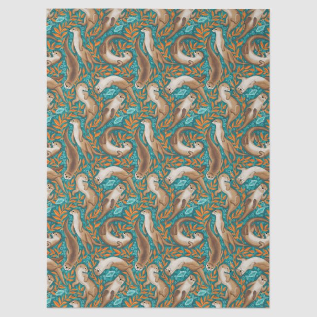 Sweet Swimming Otters in Teal and Orange Gouache Tissue Paper (Front)