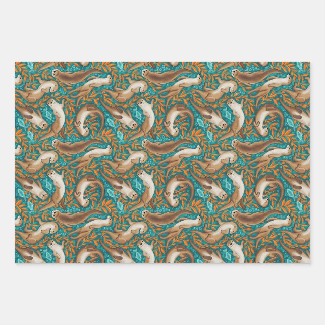 Sweet Swimming Otters in Teal and Orange Gouache Wrapping Paper Sheet (Front)