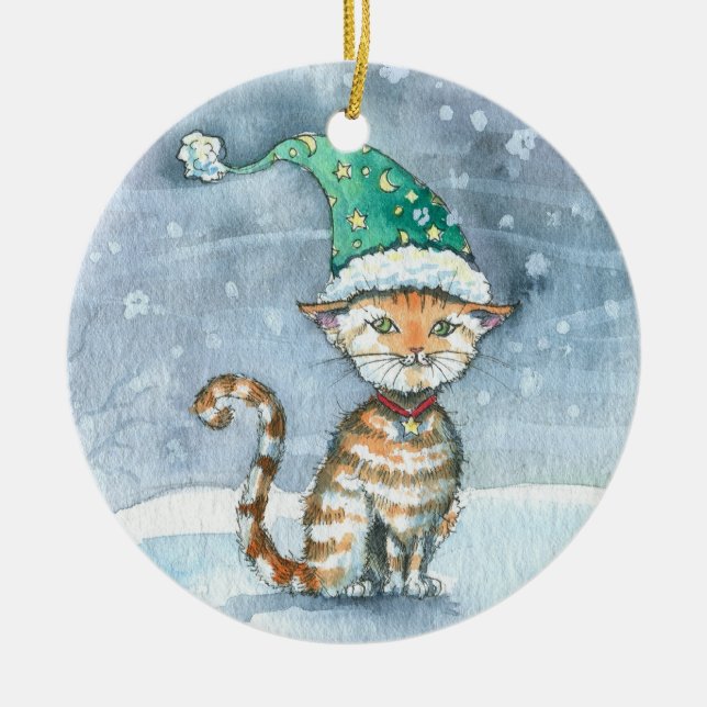 Sweet Tabby Cat in Holiday Hat Ornament (Front)