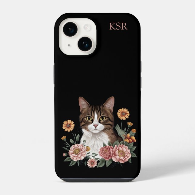 Sweet Tabby Cat with Flowers  iPhone Case (Back)