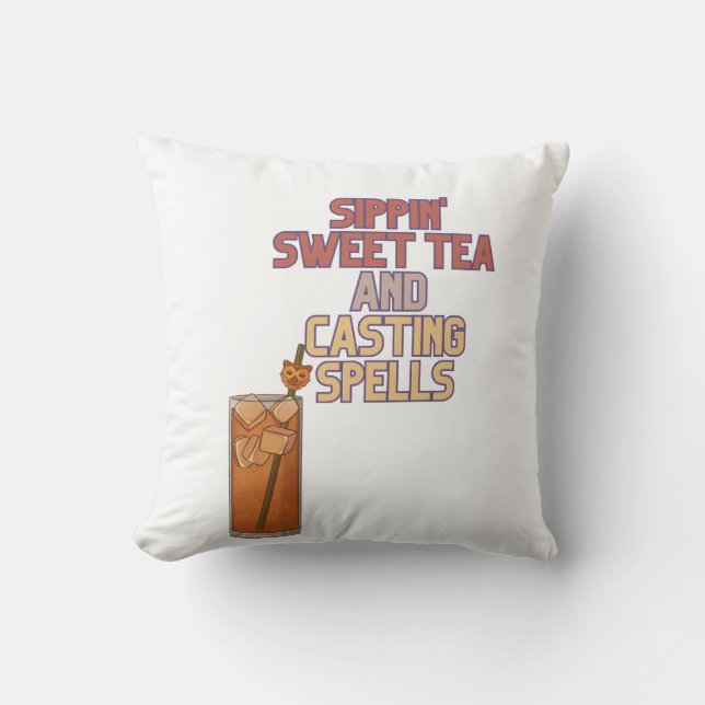 Sweet Tea and Spells Witchy Humour Throw Pillow (Front)