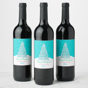 Sweet Teal Aqua Merry Christmas Tree Wine Label