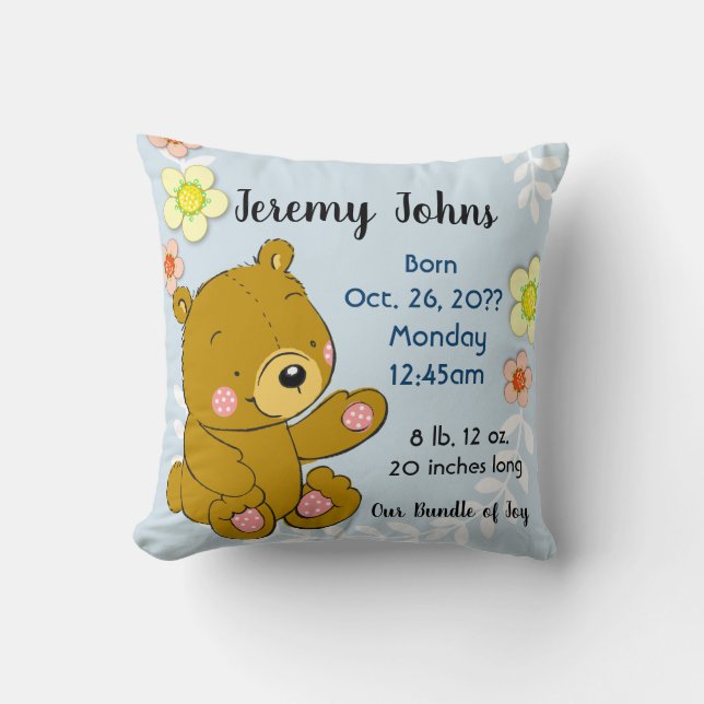 Sweet Teddy Bear Baby Birth Memory Pillow keepsake (Front)