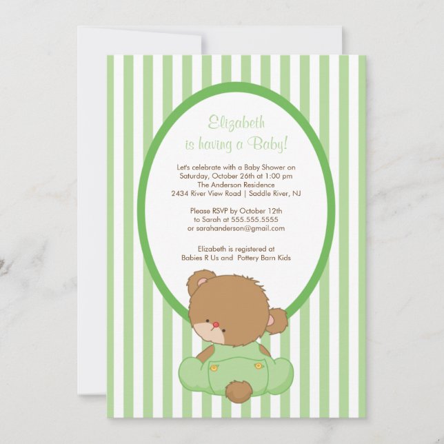 Sweet Teddy Bear Baby Shower Invitation Green (Front)