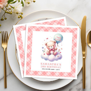 Sweet teddy bear balloon blush floral birthday  napkin