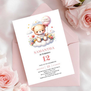Sweet teddy bear balloon flowers girl birthday invitation
