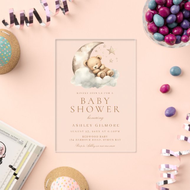 Sweet Teddy Bear Beige Neutral Baby Shower Acrylic Invitations (Insitu (Celebration))