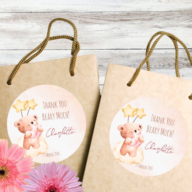 Sweet teddy bear birthday party personalized  classic round sticker (Teddy bear birthday party personalized thank you favor sticker cute teddy bear favor stickers)