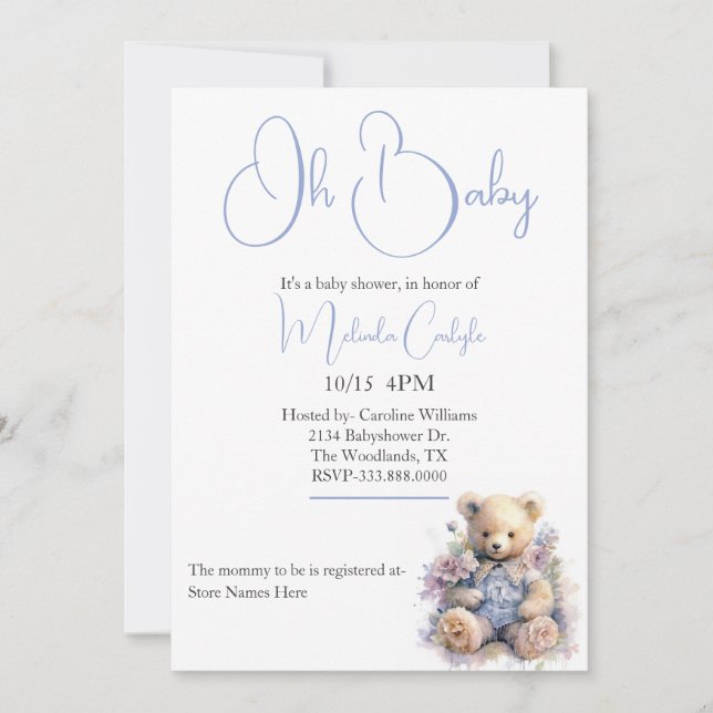 Sweet Teddy Bear Boy Baby Shower Invitation (Front)
