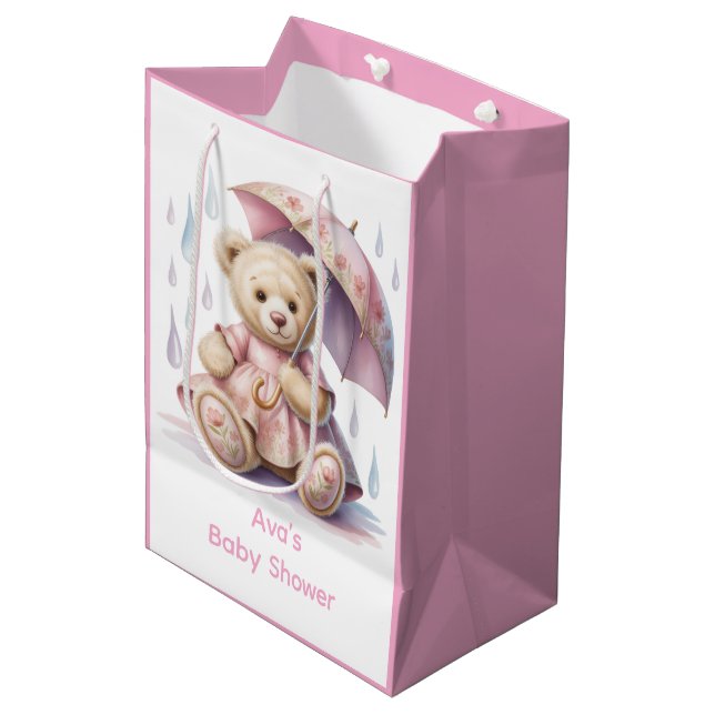 Sweet Teddy Bear Girl Baby Shower Medium Gift Bag (Front Angled)
