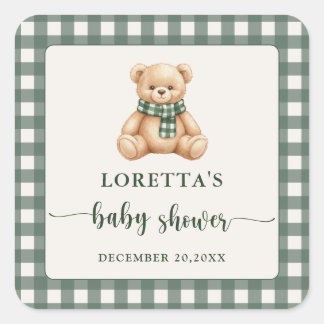 Sweet Teddy Bear Green Plaid Baby Shower Favor Square Sticker