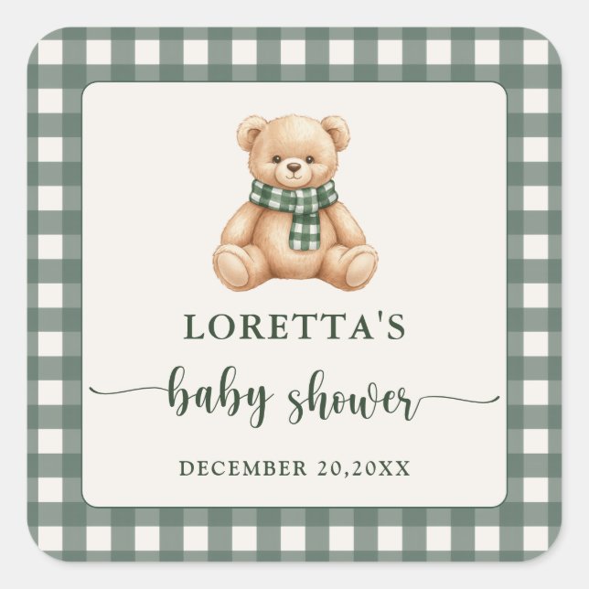 Sweet Teddy Bear Green Plaid Baby Shower Favor Square Sticker (Front)