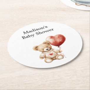 Sweet Teddy Bear Heart Balloon Baby Shower Round Paper Coaster