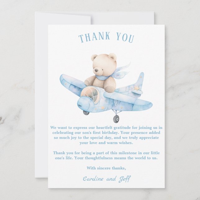 Sweet teddy bear on a airplane thank you card (Front)