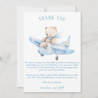 Sweet teddy bear on a airplane thank you card