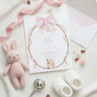 Sweet Teddy Bear & Pink Bow Baby Girl Shower Invitation