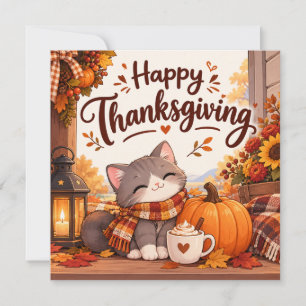 Sweet Thanksgiving Kitten on Cozy Porch Holiday Card