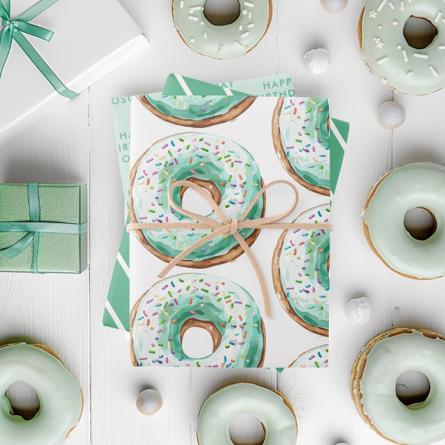 Sweet Time Pastel Green Doughnut Birthday Wrapping Paper Sheet (Creator Uploaded)