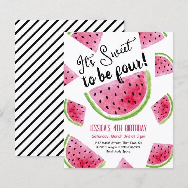  Sweet to Be Four Melon Birthday Party Invitation (Front/Back)